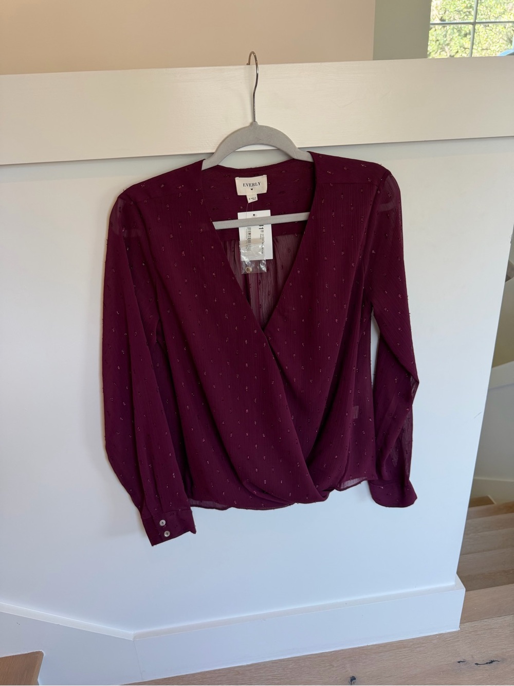 Everly Wine Wrap-Front Long Sleeve Blouse Sparkle Dots women’s Medium NWT